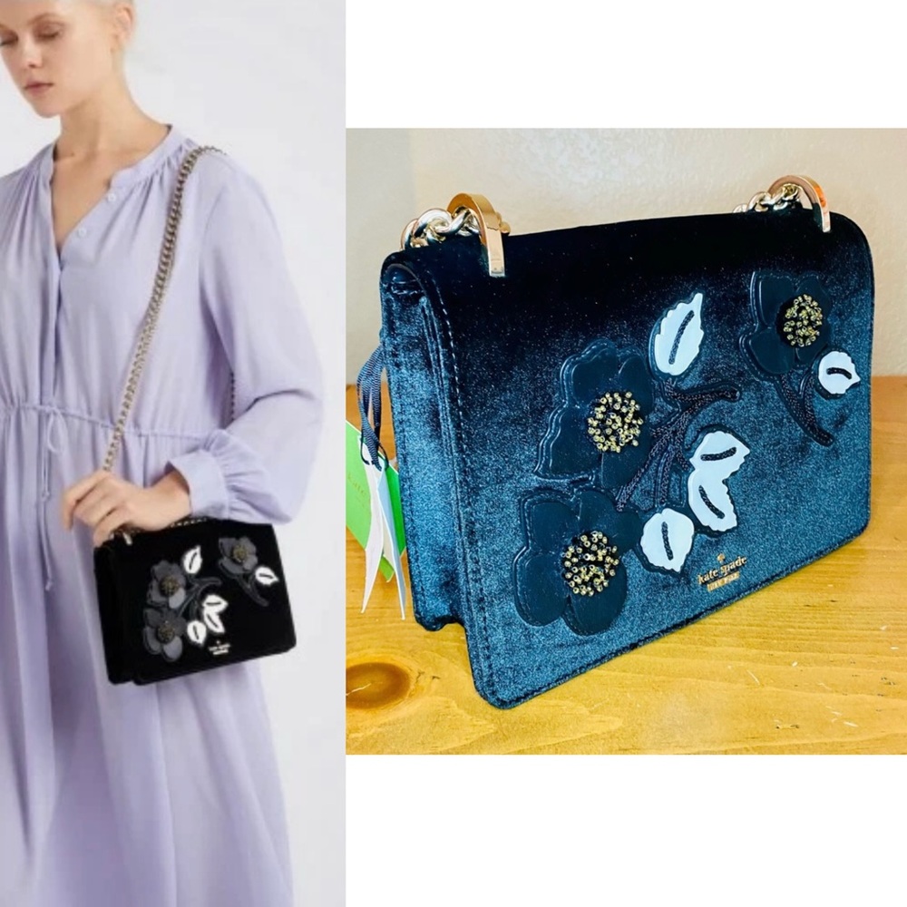 NEW! Kate Spade Cameron St Floral Embellish Marci Black Velvet Bag